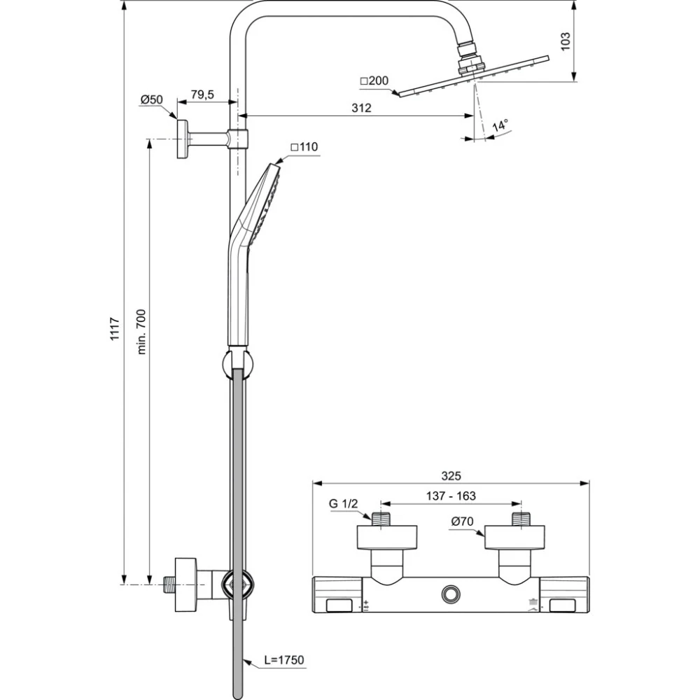 Coloana dus cu baterie si termostat Ideal Standard CeraTherm T100, si cap dus patrat 20x20 cm