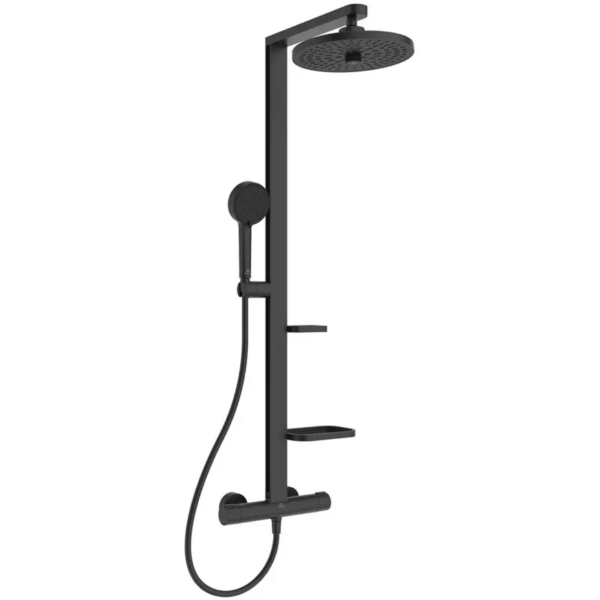 Coloana dus cu baterie si termostat Ideal Standard Ceraflow Alu+ si doua rafturi, negru mat (silk black)