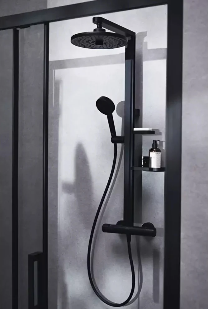 Coloana dus cu baterie si termostat Ideal Standard Ceraflow Alu+ si doua rafturi, negru mat (silk black)