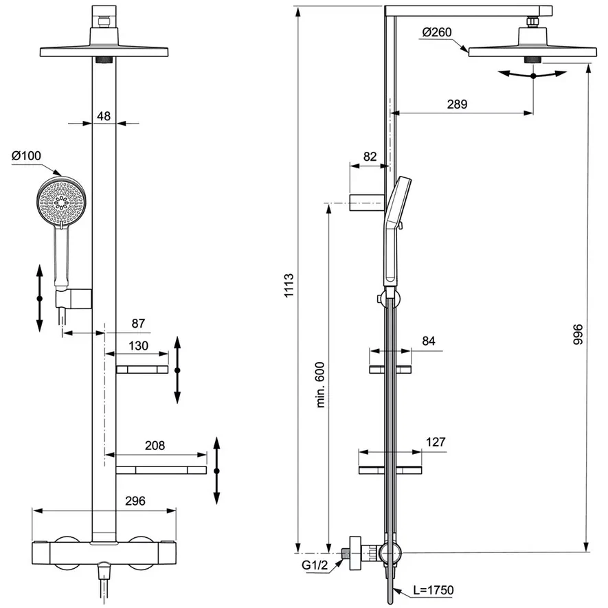 Coloana dus cu baterie si termostat Ideal Standard Ceraflow Alu+ si doua rafturi, argintiu mat (silver)