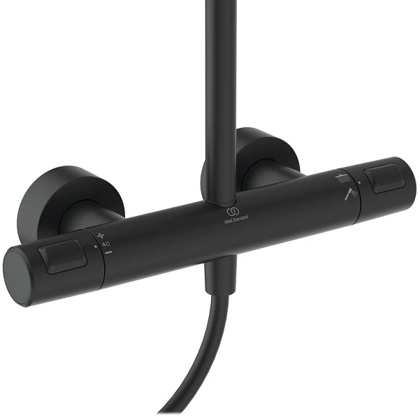 Coloana dus cu baterie si termostat Ideal Standard CeraTherm T25, si cap dus rotund Ø26 cm, negru mat (silk black)