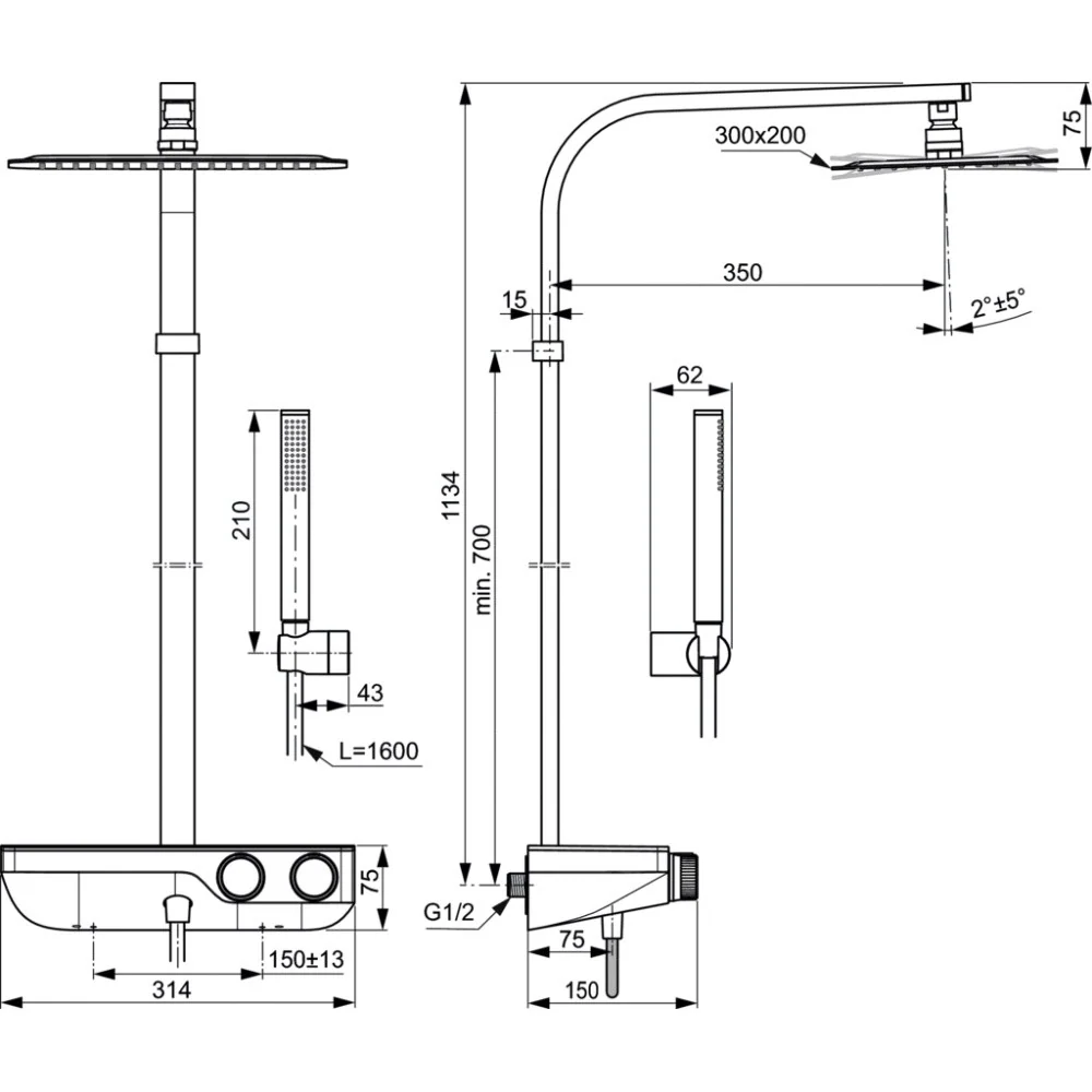 Coloana dus cu baterie si termostat Ideal Standard CeraTherm S200, si cap dus 30x20 cm