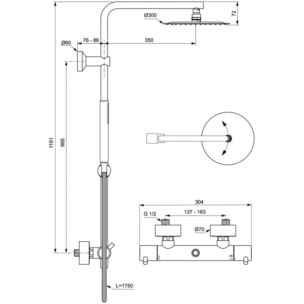 Coloana dus cu baterie si termostat Ideal Standard CeraTherm T125, gri inchis (magnetic grey PVD)
