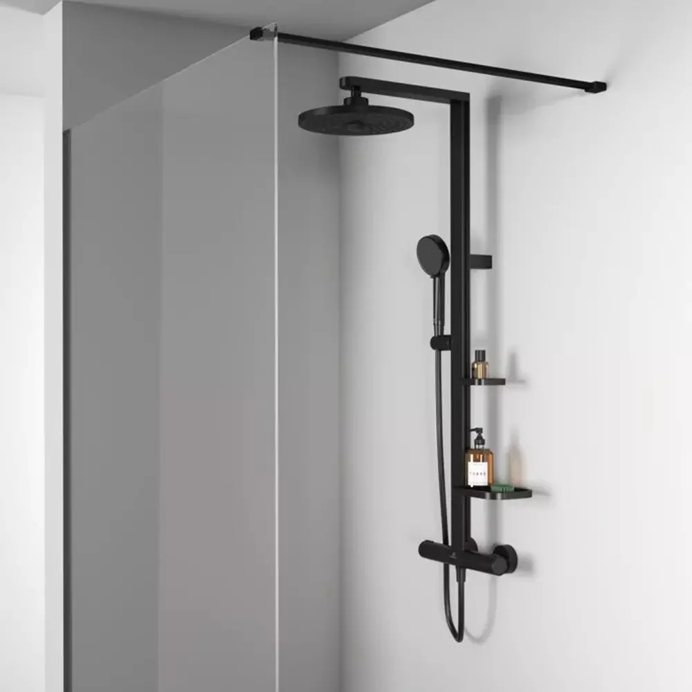 Coloana dus cu baterie si termostat Ideal Standard Ceraflow Alu+ si doua rafturi, negru mat (silk black)