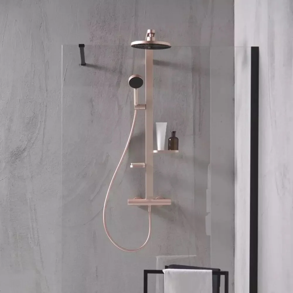 Coloana dus cu baterie si termostat Ideal Standard Ceraflow Alu+ si doua rafturi, auriu roze (rose mat)