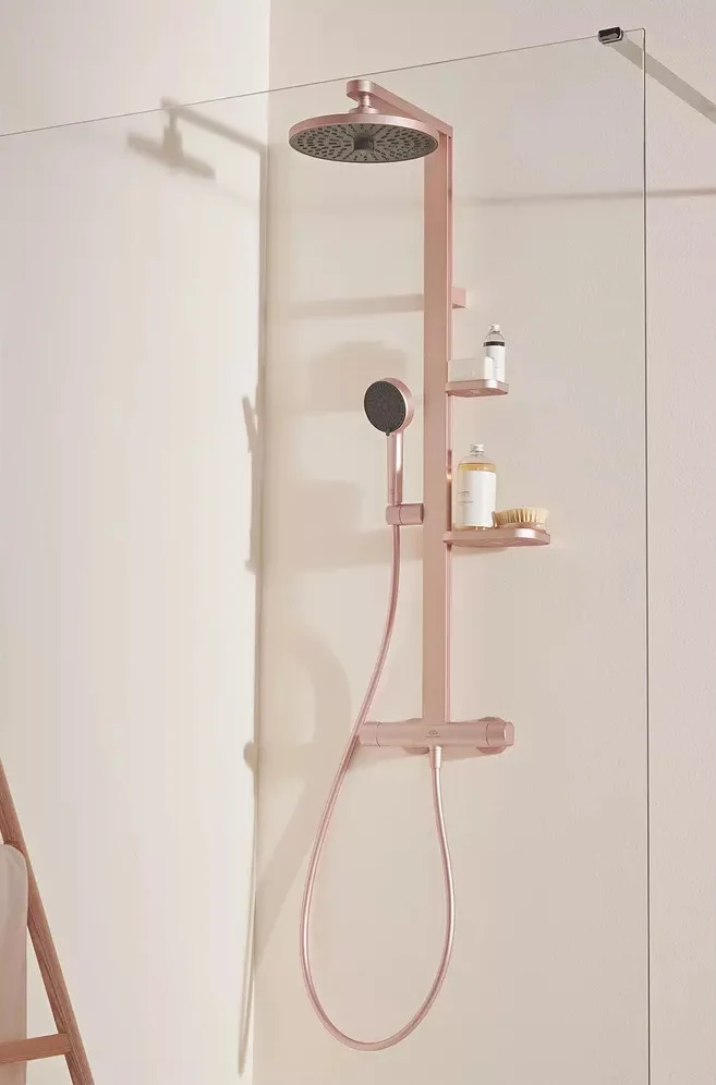 Coloana dus cu baterie si termostat Ideal Standard Ceraflow Alu+ si doua rafturi, auriu roze (rose mat)