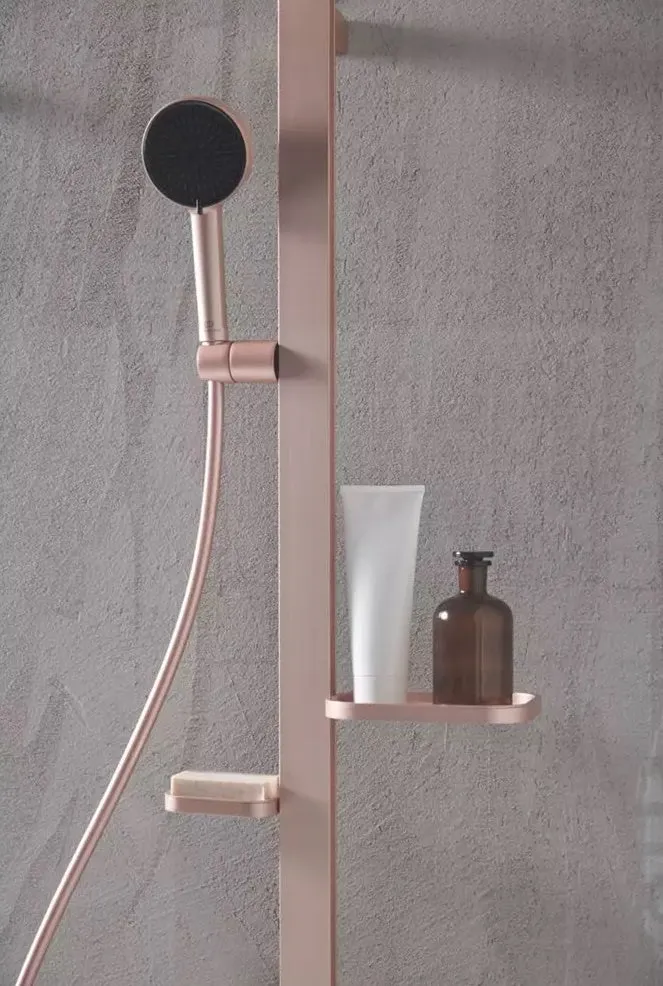 Coloana dus cu baterie si termostat Ideal Standard Ceraflow Alu+ si doua rafturi, auriu roze (rose mat)