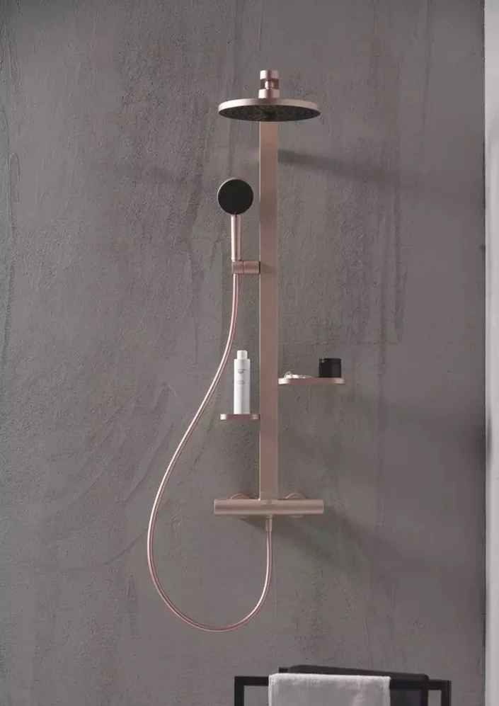 Coloana dus cu baterie si termostat Ideal Standard Ceraflow Alu+ si doua rafturi, auriu roze (rose mat)