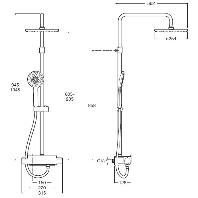 Coloana dus cu baterie si termostat Roca Deck, cap dus Ø25 cm