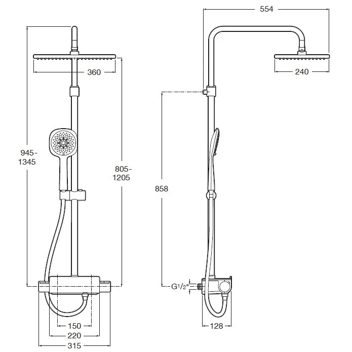 Coloana dus cu baterie si termostat Roca Deck, cap dus 36x24 cm