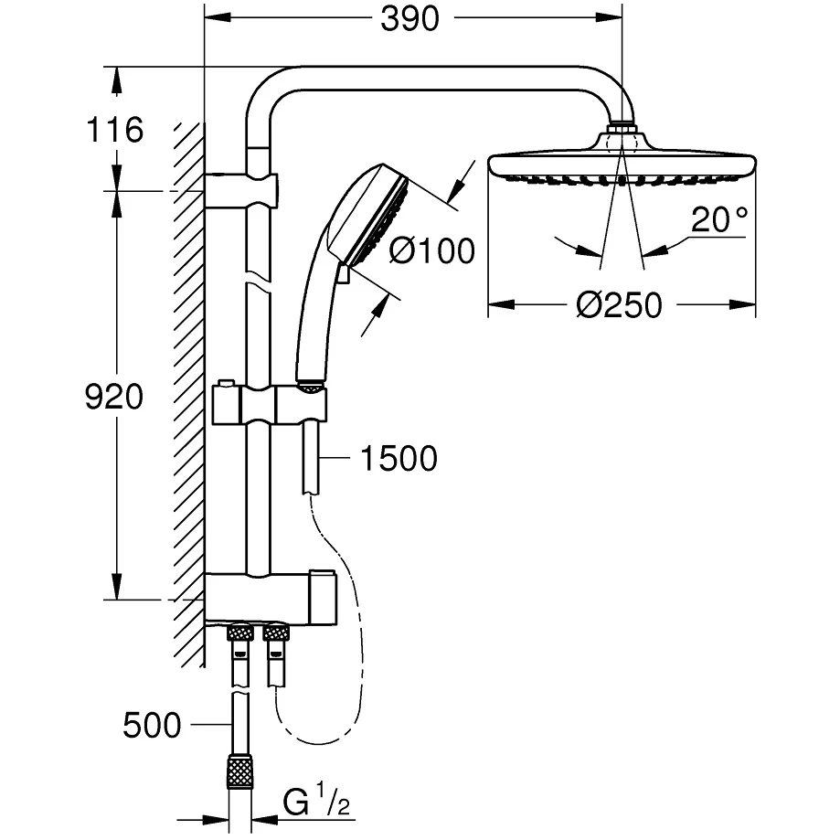 Coloana dus fara baterie Grohe Tempesta System 250, bara 92 cm
