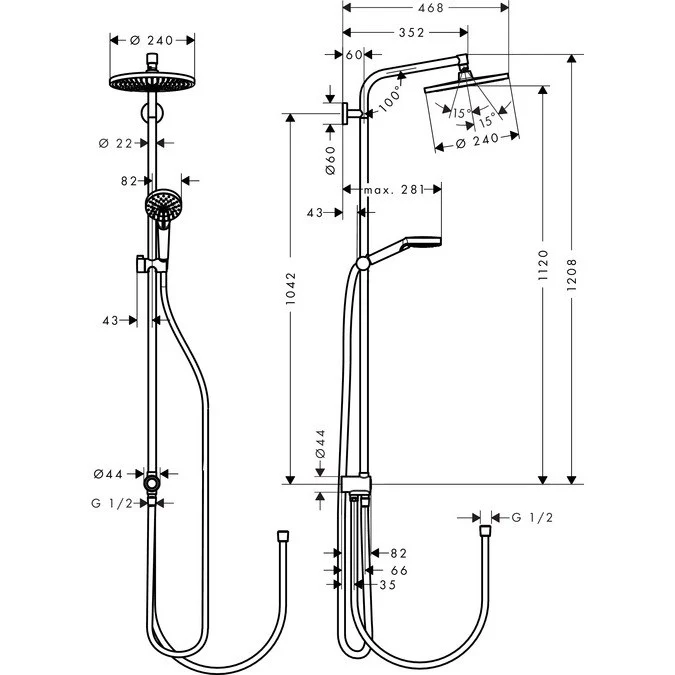 Coloana dus fara baterie Hansgrohe Crometta S EcoSmart, bara 105 cm
