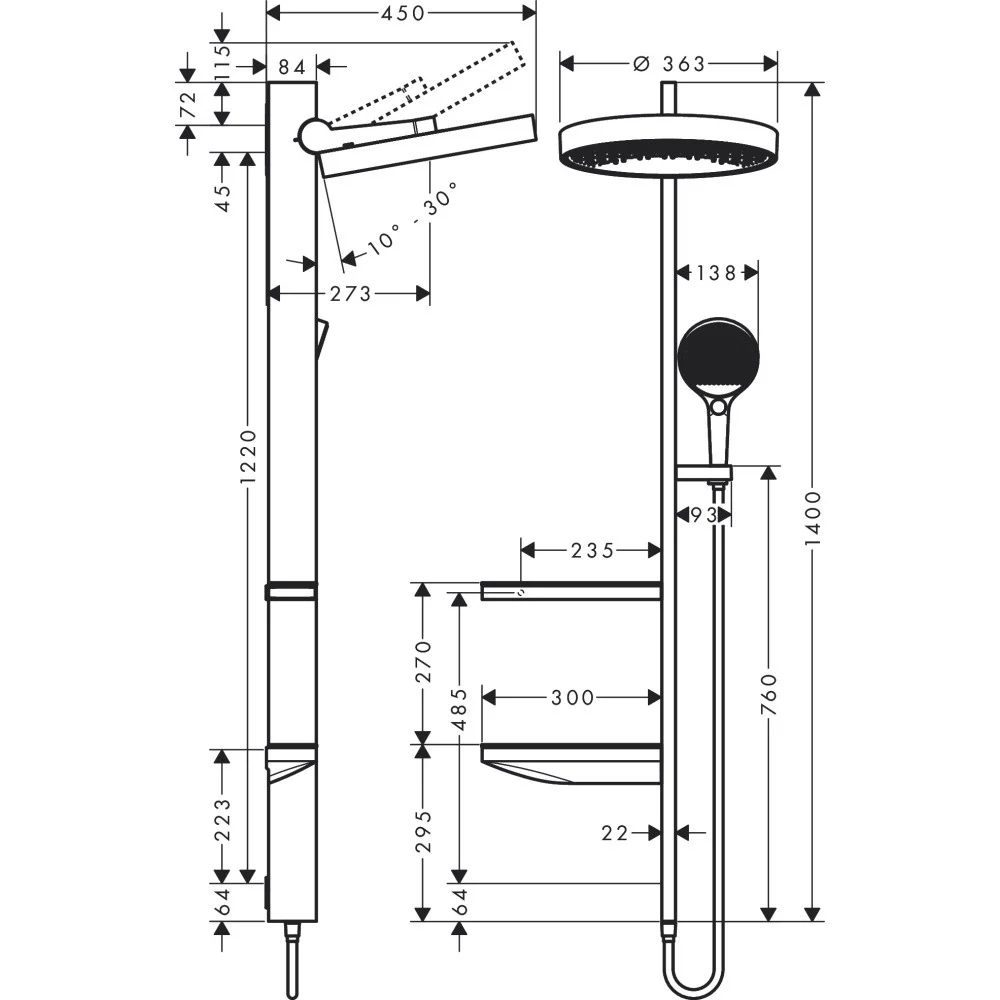 Coloana dus fara baterie Hansgrohe Rainfinity, cu 2 polite, crom