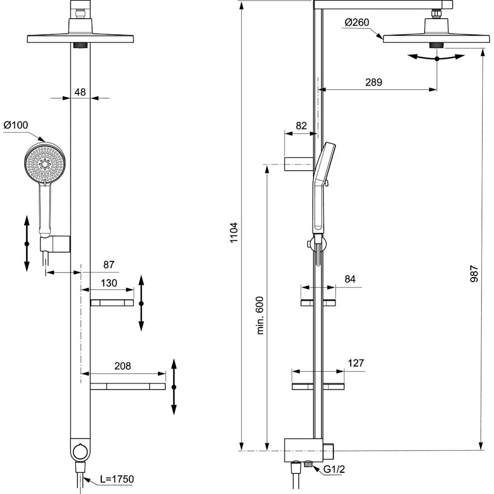 Coloana dus fara baterie Ideal Standard Alu+ si doua rafturi, crom mat