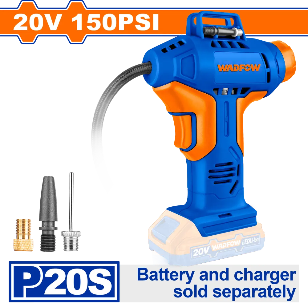 Compresor aer Wadfow, 3 adaptoare, 20V, Li-Ion, 150psi/10.5 bar, Nu include acumulator si incarcator