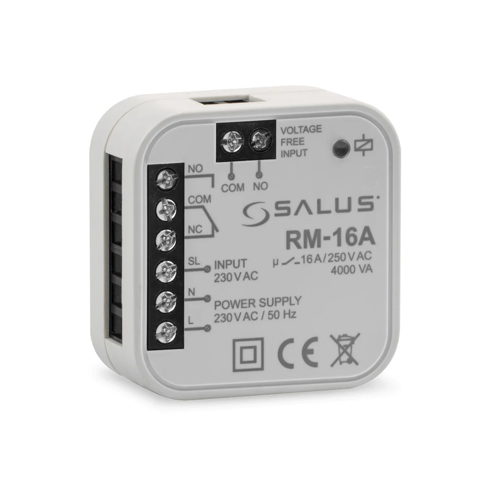 Releu 16A NO/NC cu comanda la 230V sau contact liber de potențial (poate fi montat doza), Salus