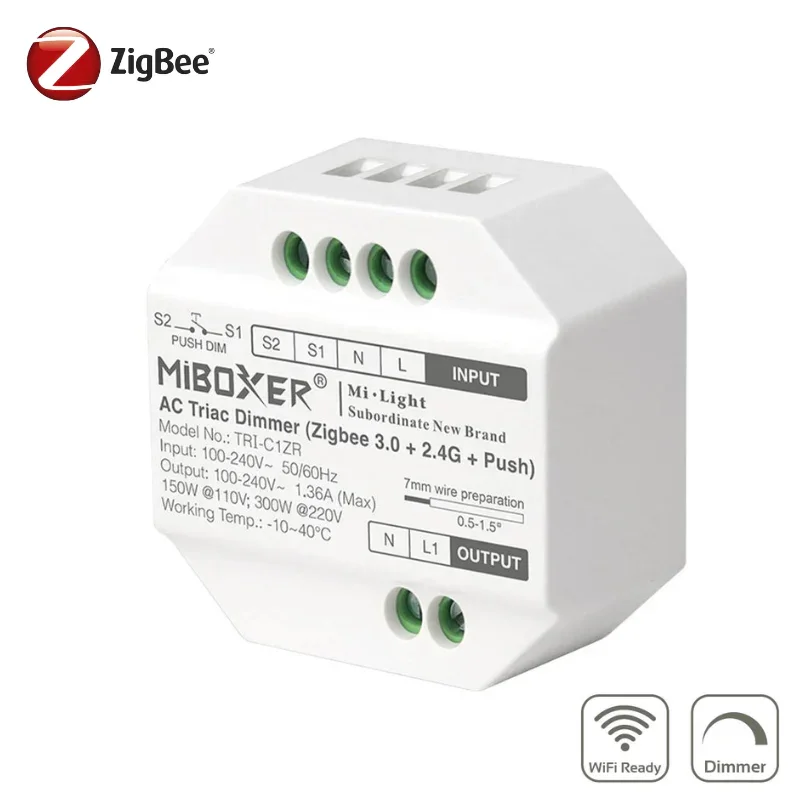 Dimmer triac Zigbee 3.0+2.4G+Push 300W, TRI-C1ZR