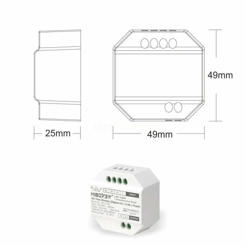Dimmer triac Zigbee 3.0+2.4G+Push 300W, TRI-C1ZR