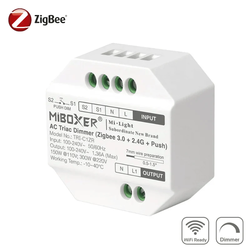 Dimmer triac Zigbee 3.0+2.4G+Push 300W, TRI-C1ZR