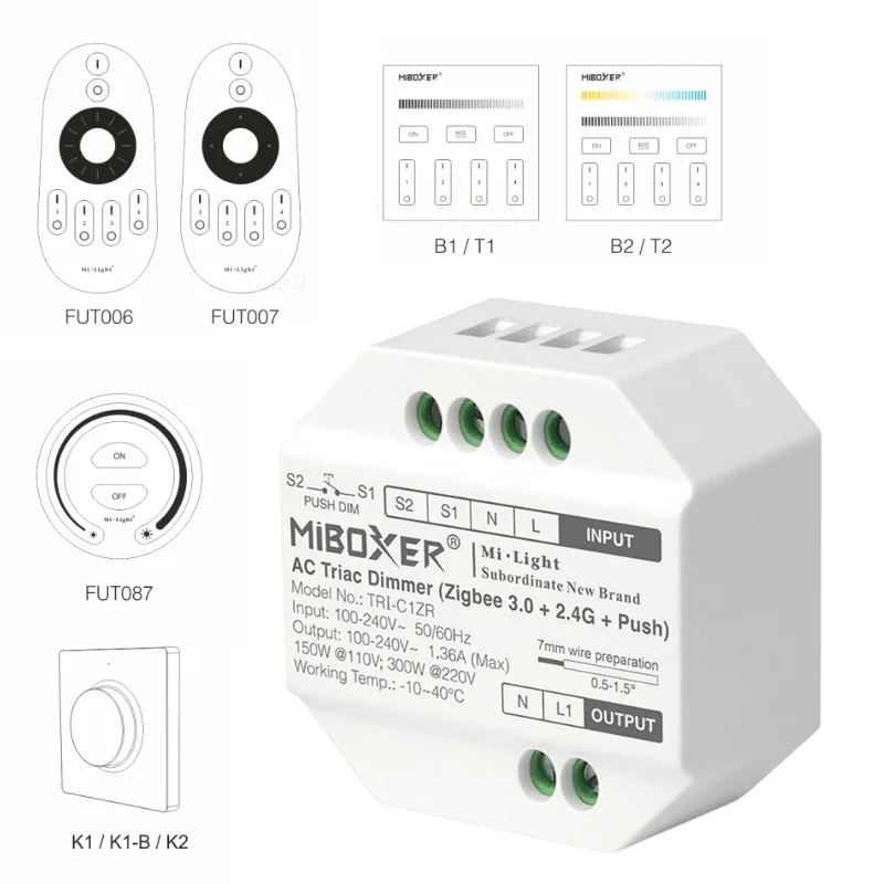 Dimmer triac Zigbee 3.0+2.4G+Push 300W, TRI-C1ZR