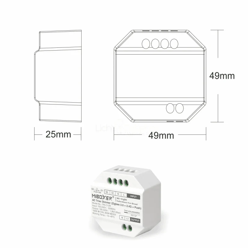 Dimmer triac Zigbee 3.0+2.4G+Push 300W, TRI-C1ZR
