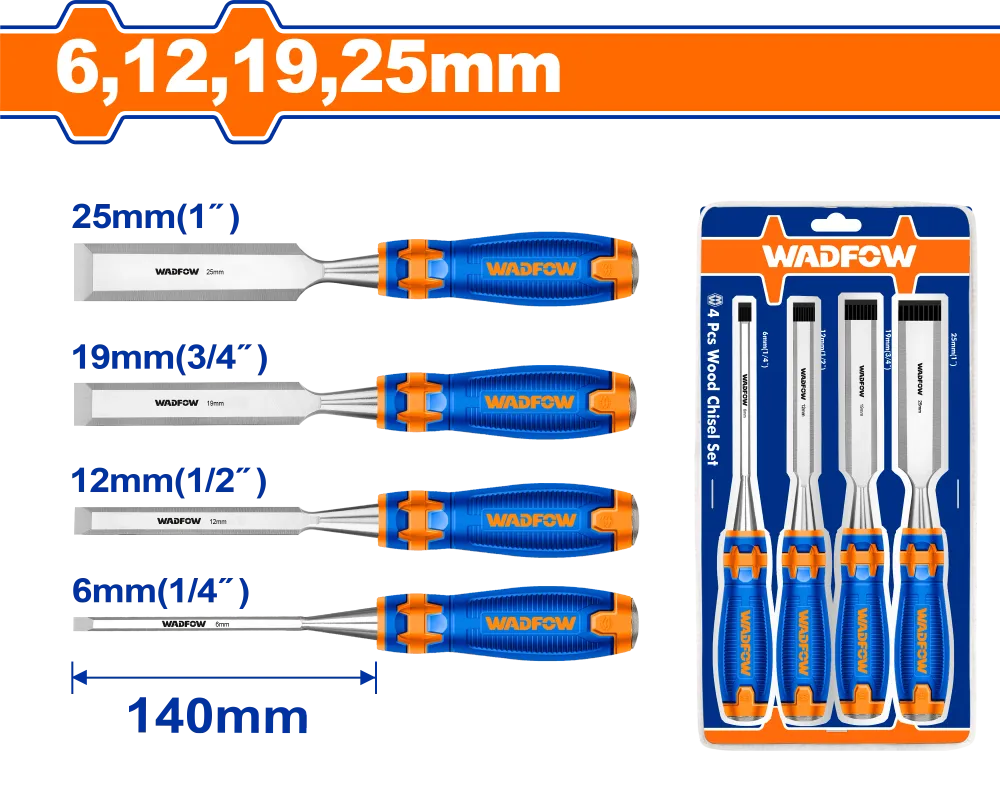 Set 4 dalti pentru lemn Wadfow, lungime 140mm, dimensiuni 6mm, 12mm, 19mm, 25mm