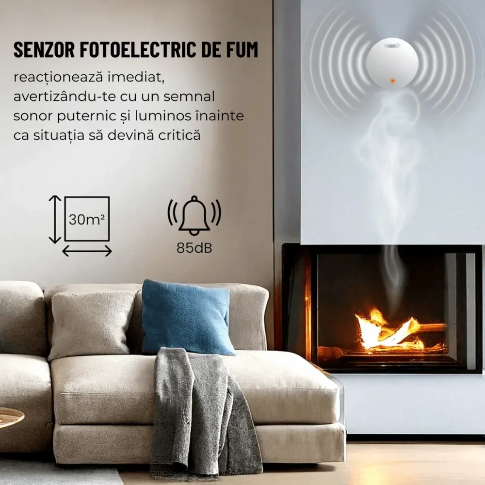 Detector de Fum, Avertizare Sonora si Luminoasa, Durata Viata Baterie 10 Ani, 85dB, easyCTRL®