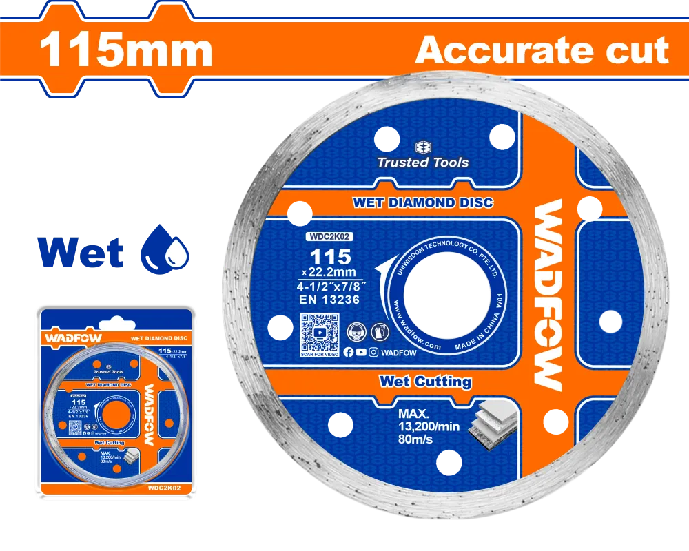 Disc diamantat continuu pentru ceramica Wadfow, taiere umeda, 115x22.2mm
