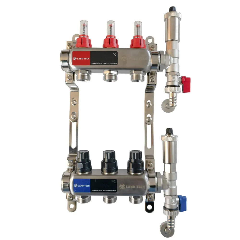 Set de distribuitor din inox cu debimetre, izolatie anticondens, robinet de golire, aerisitor automat, 1"x3/4"x3 cai, Land...