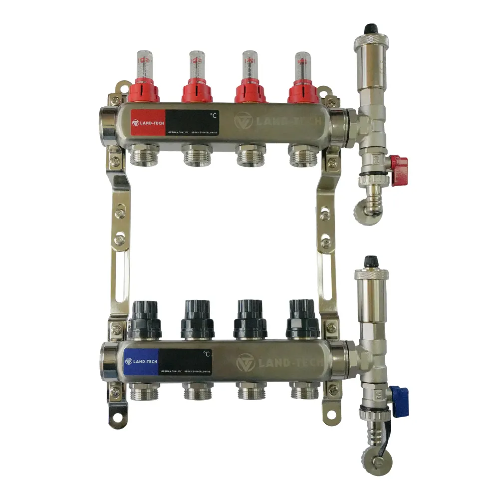 Set de distribuitor din inox cu debimetre, izolatie anticondens, robinet de golire, aerisitor automat, 1"x3/4"x4 cai, Land...