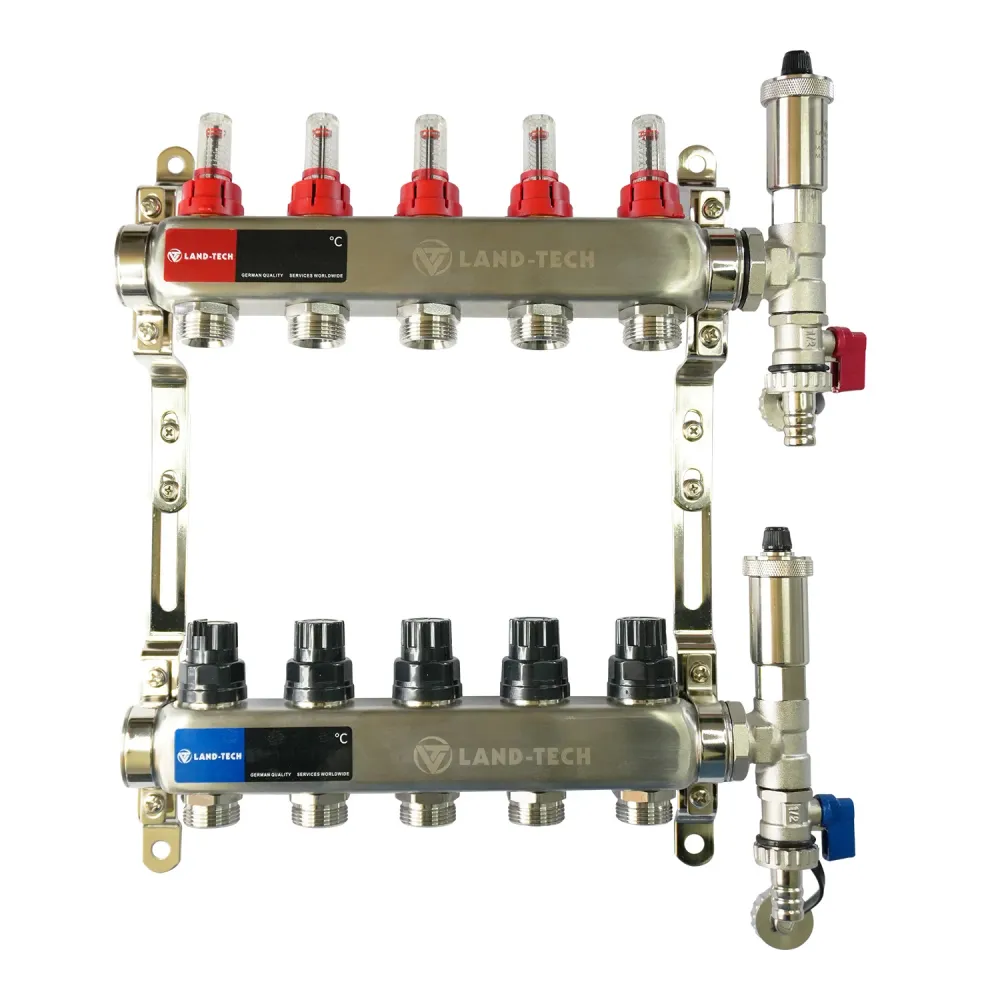 Set de distribuitor din inox cu debimetre, izolatie anticondens, robinet de golire, aerisitor automat, 1"x3/4"x5 cai, Land...