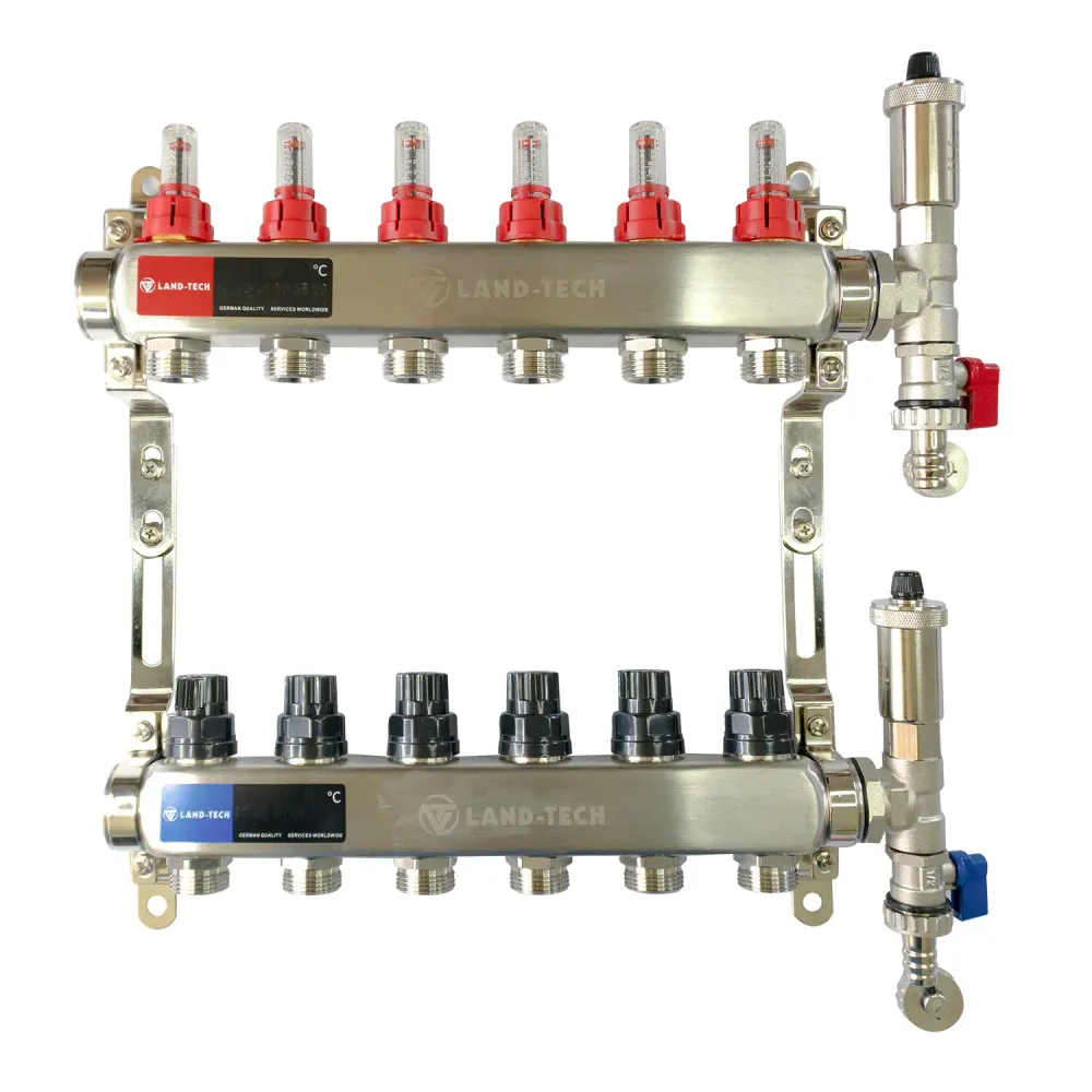 Set de distribuitor din inox cu debimetre, izolatie anticondens, robinet de golire, aerisitor automat, 1"x3/4"x6 cai, Land...