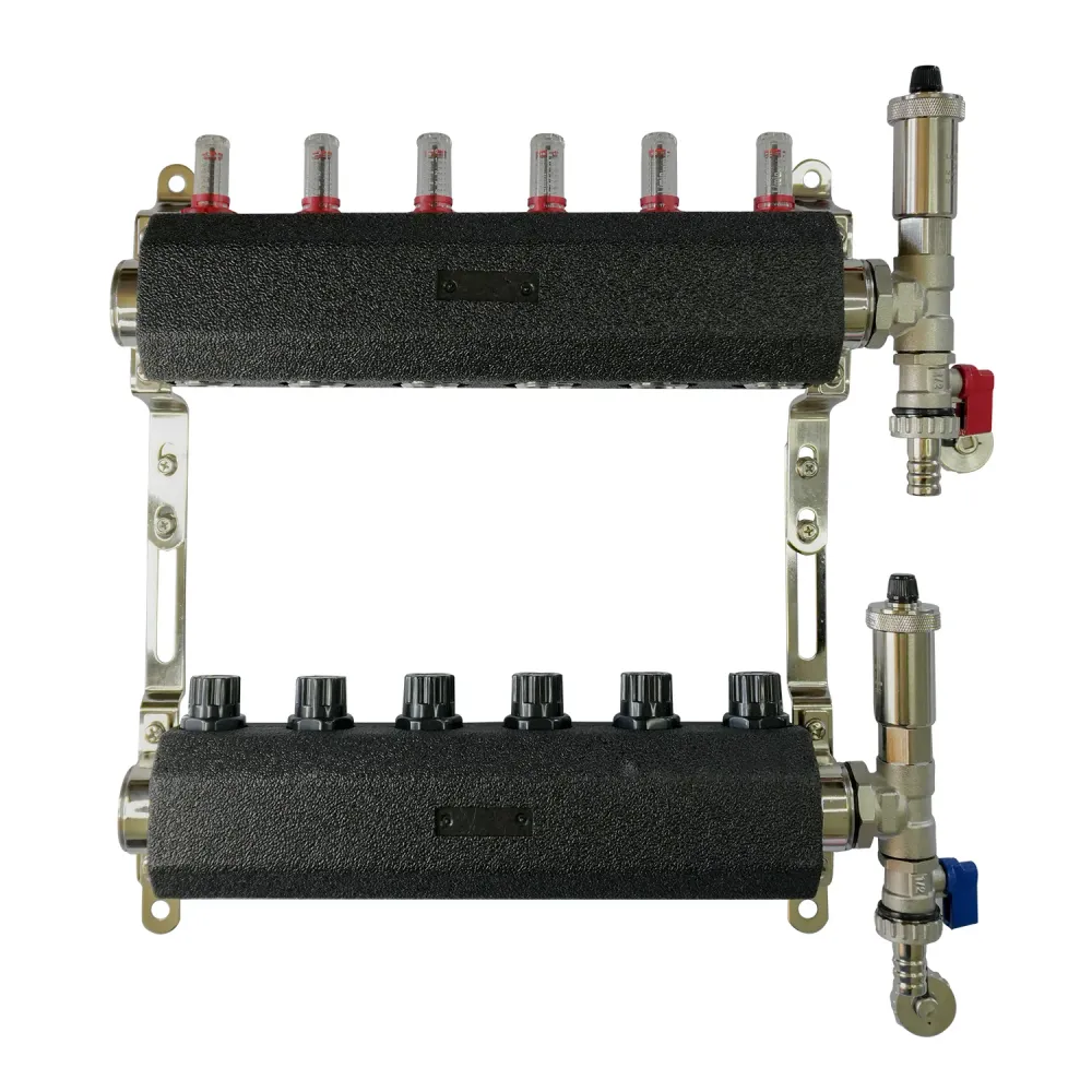 Set de distribuitor din inox cu debimetre, izolatie anticondens, robinet de golire, aerisitor automat, 1"x3/4"x6 cai, Land...