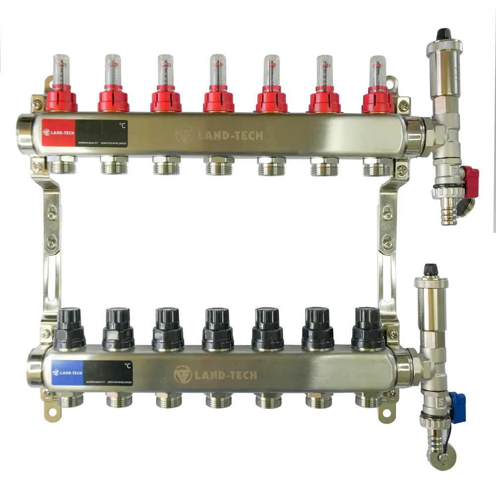 Set de distribuitor din inox cu debimetre, izolatie anticondens, robinet de golire, aerisitor automat, 1"x3/4"x7 cai, Land...