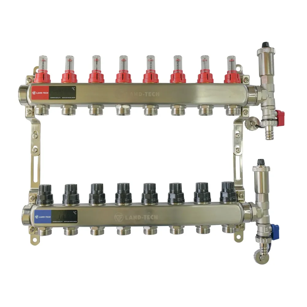 Set de distribuitor din inox cu debimetre, izolatie anticondens, robinet de golire, aerisitor automat, 1"x3/4"x8 cai, Land...