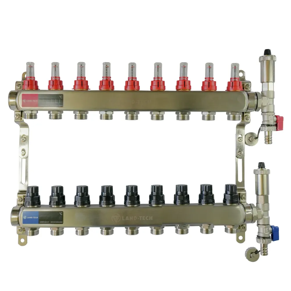 Set de distribuitor din inox cu debimetre, izolatie anticondens, robinet de golire, aerisitor automat, 1"x3/4"x9 cai, Land...