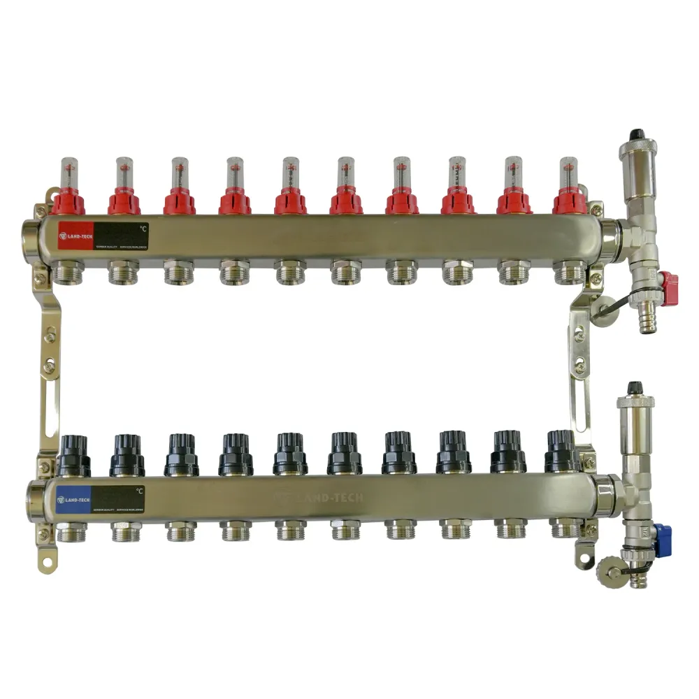 Set de distribuitor din inox cu debimetre, izolatie anticondens, robinet de golire, aerisitor automat, 1"x3/4"x10 cai, Lan...