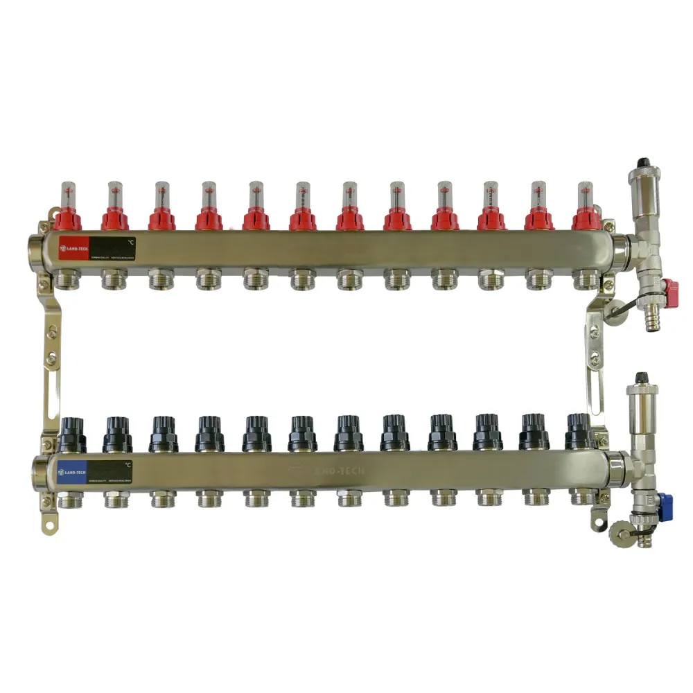 Set de distribuitor din inox cu debimetre, izolatie anticondens, robinet de golire, aerisitor automat, 1"x3/4"x12 cai, Lan...