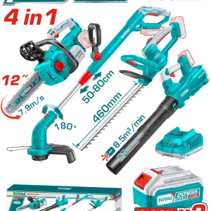 Kit Combo gradinarit TOTAL 20V – drujba, trimmer gard viu, suflanta, trimmer iarba, 2 baterii 4.0Ah, incarcator