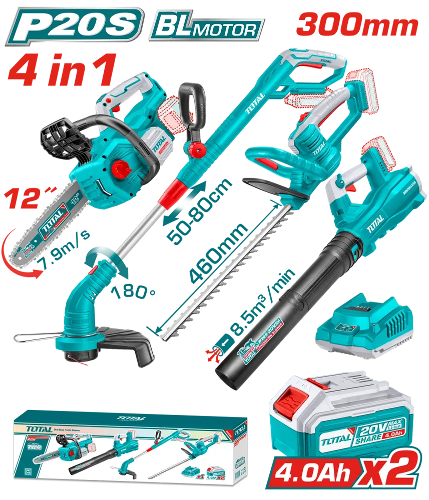 Kit Combo gradinarit TOTAL 20V – drujba, trimmer gard viu, suflanta, trimmer iarba, 2 baterii 4.0Ah, incarcator