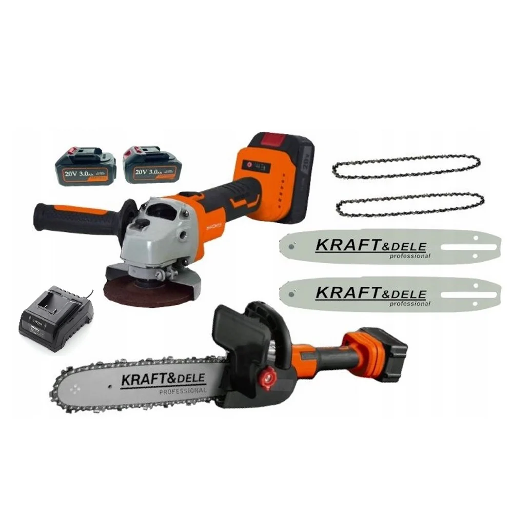 Set Polizor unghiular / Flex 20V cu 2 Acumulatori 3Ah si Adaptor tip drujba cu 2 lame si 2 lanturi, Kraft&Dele KD10624