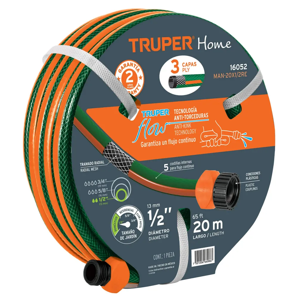 Furtun de gradina 1/2”, 20 ml, 3 straturi, armat, cu adaptor furtun din plastic 1/2” - Truper