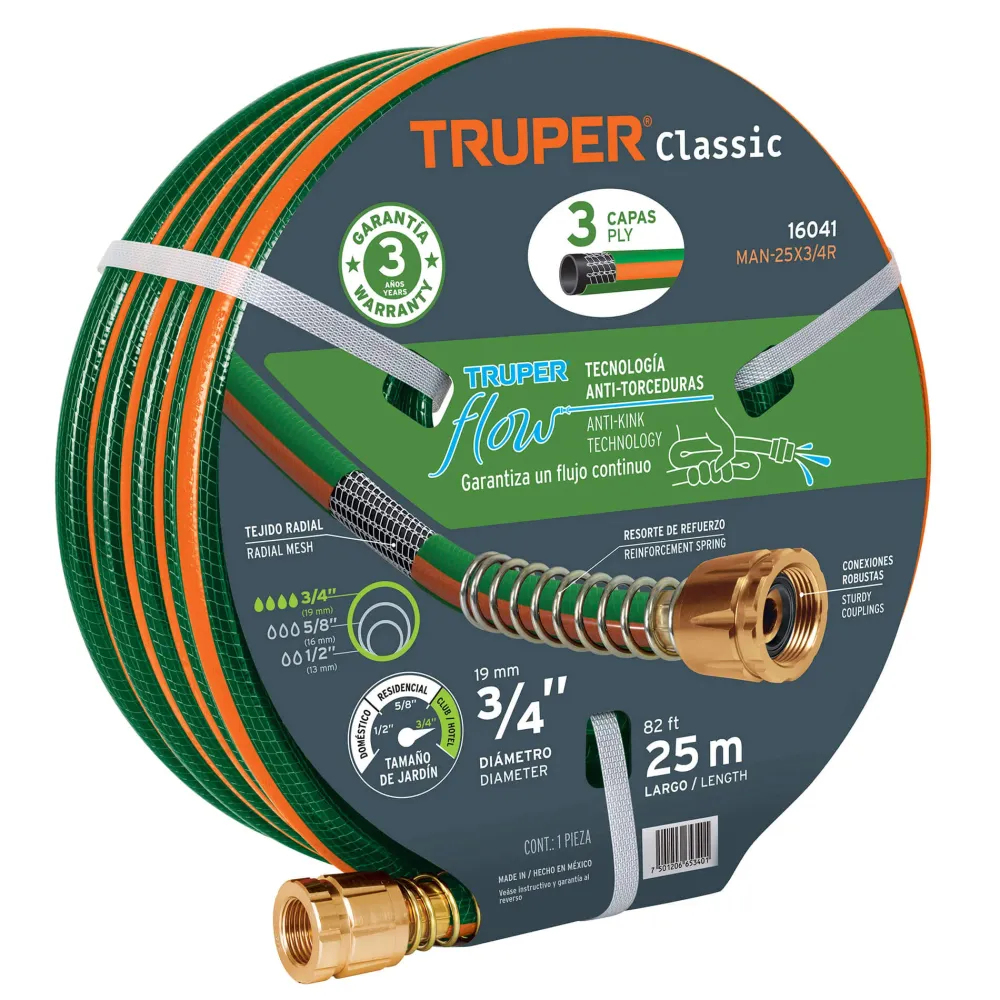 Furtun de gradina 3/4”, 25 ml, 3 straturi, armat, cu mufa alama - Truper