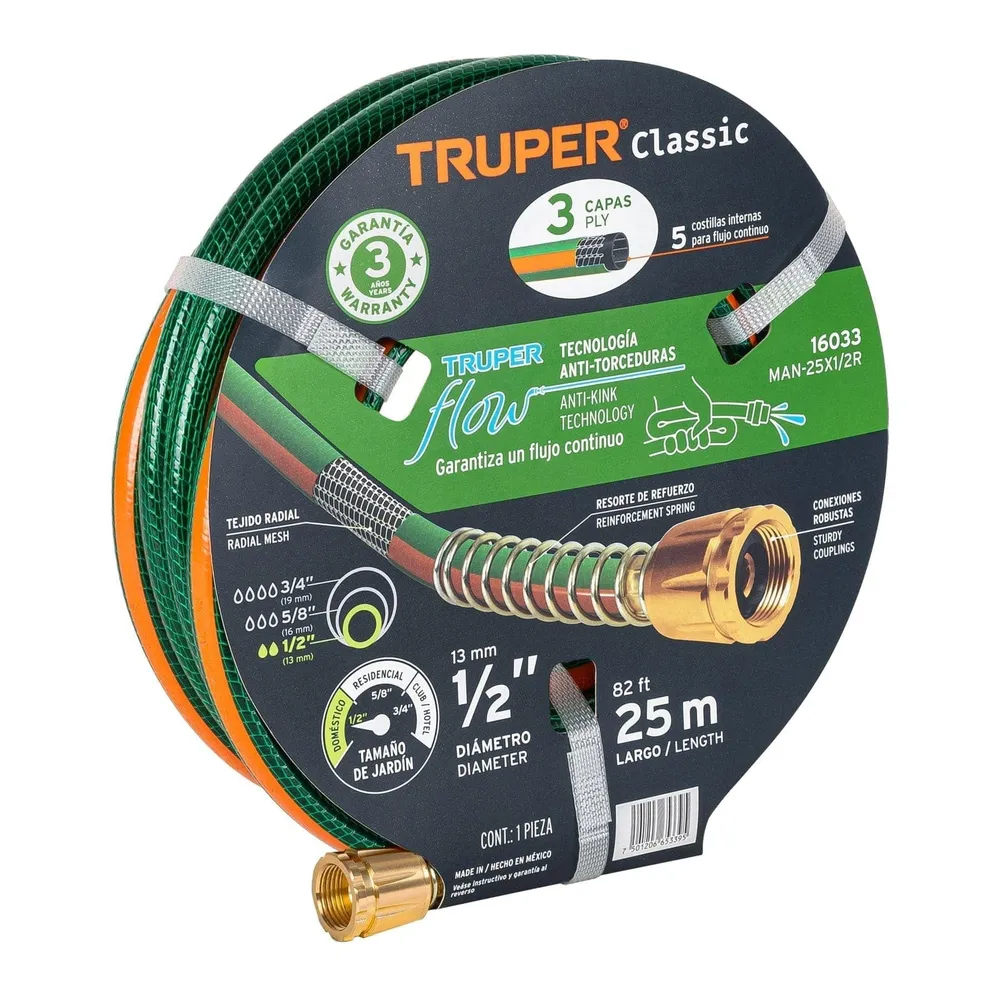 Furtun de gradina 1/2”, 25 ml, 3 straturi, armat, cu mufa alama - Truper