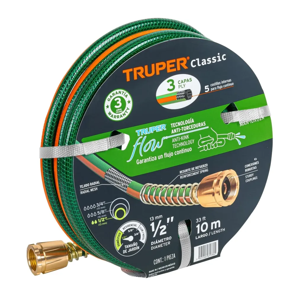 Furtun de gradina 1/2”, 10 ml, 3 straturi, armat, cu mufa alama - Truper