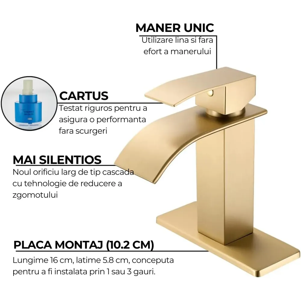 Baterie de baie Elindor finisaj auriu periat, moderna, tip cascada, un maner, pentru chiuvete cu 1 sau 3 orificii, inclus...