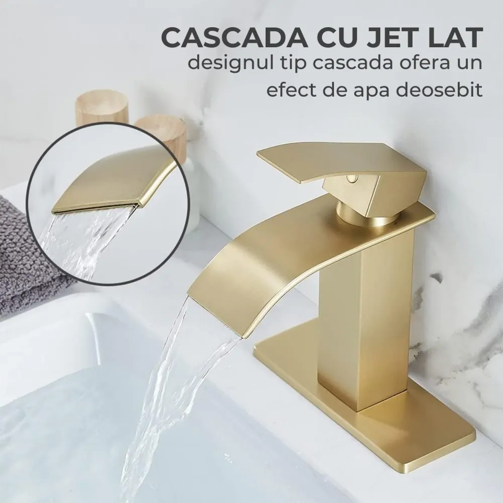 Baterie de baie Elindor finisaj auriu periat, moderna, tip cascada, un maner, pentru chiuvete cu 1 sau 3 orificii, inclus...