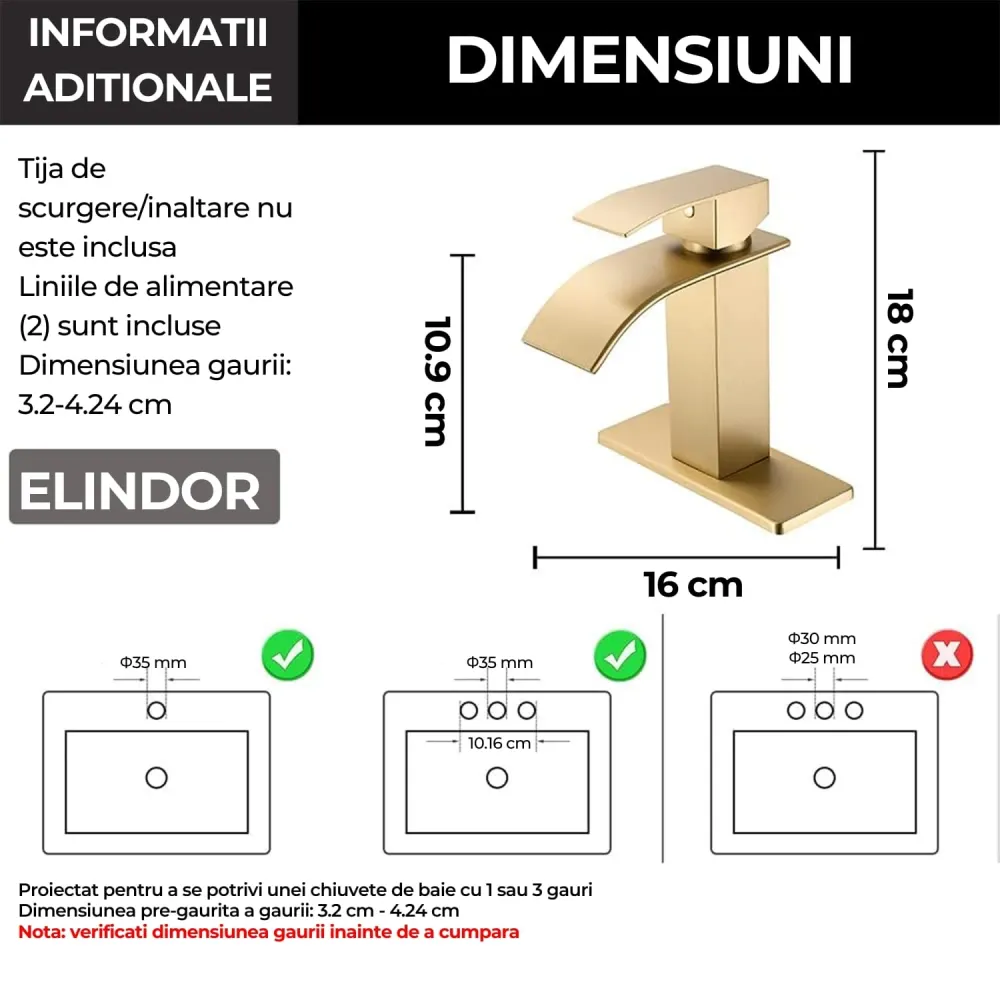 Baterie de baie Elindor finisaj auriu periat, moderna, tip cascada, un maner, pentru chiuvete cu 1 sau 3 orificii, inclus...