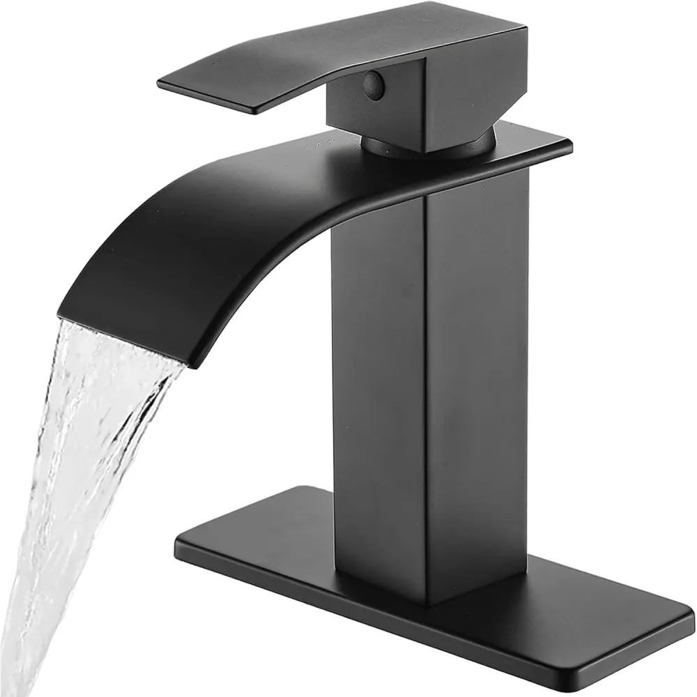 Baterie de baie Elindor finisaj negru mat, moderna, tip cascada, un maner, pentru chiuvete cu 1 sau 3 orificii, inclus pla...
