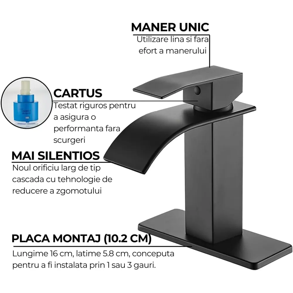 Baterie de baie Elindor finisaj negru mat, moderna, tip cascada, un maner, pentru chiuvete cu 1 sau 3 orificii, inclus pla...